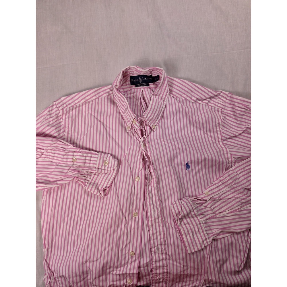 Ralph Lauren Shirt Mens Large Pink Stripe Custom Fit Button Down Long Sleeve